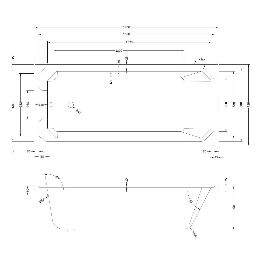 Bayswater Bathurst 1700mm X 750mm Single Ended Bath 4 Bayswater Bathurst 1700mm X 750mm Single Ended Bath - Image 2