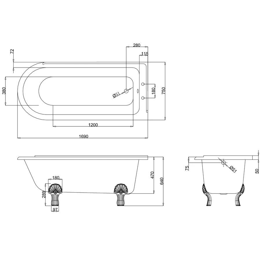 Burlington Hampton 170cm Shower Bath With Chrome Classic Feet 4 Burlington Hampton 170cm Shower Bath With Chrome Classic Feet - Image 2