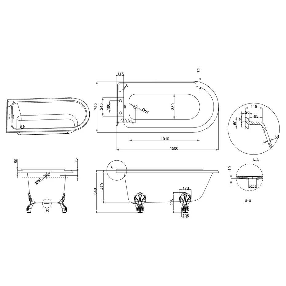 Burlington Hampton 150cm Left Handed Shower Bath, Luxury Feet 4 Burlington Hampton 150cm Left Handed Shower Bath, Luxury Feet - Image 2