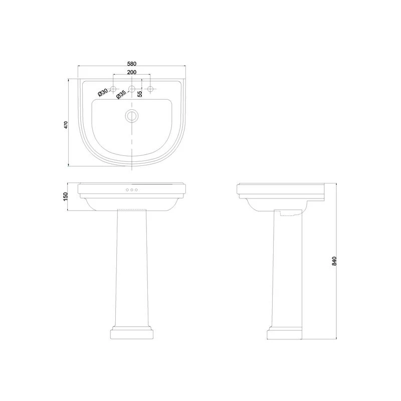 Burlington Riviera 58cm D Shape 3 Taphole Basin & Full Pedestal 4 Burlington Riviera 58cm D Shape 3 Taphole Basin & Full Pedestal - Image 2