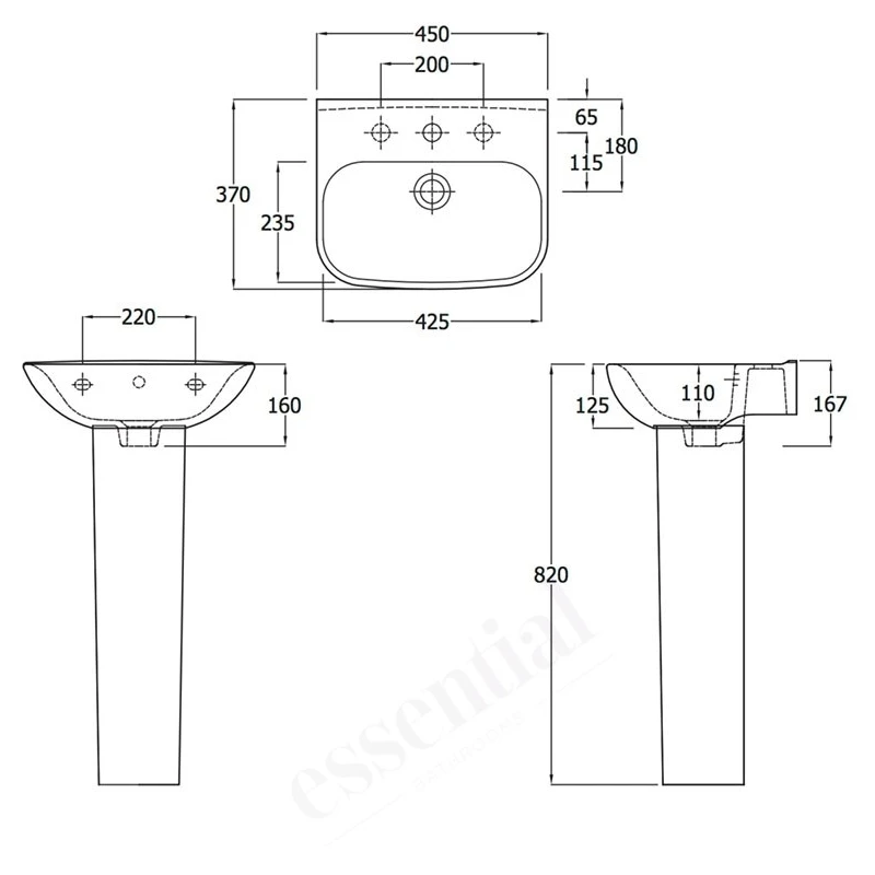 Essential Violet Pedestal Basin Only 450mm 1 Tap Hole White 5 Essential Violet Pedestal Basin Only 450mm 1 Tap Hole White - Image 3