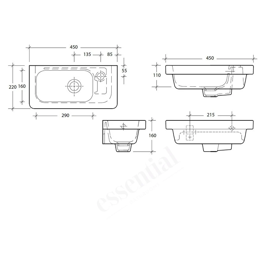 Essential Ivy Slimline Basin Only 450mm Right 1 Tap Hole White 4 Essential Ivy Slimline Basin Only 450mm Right 1 Tap Hole White - Image 2
