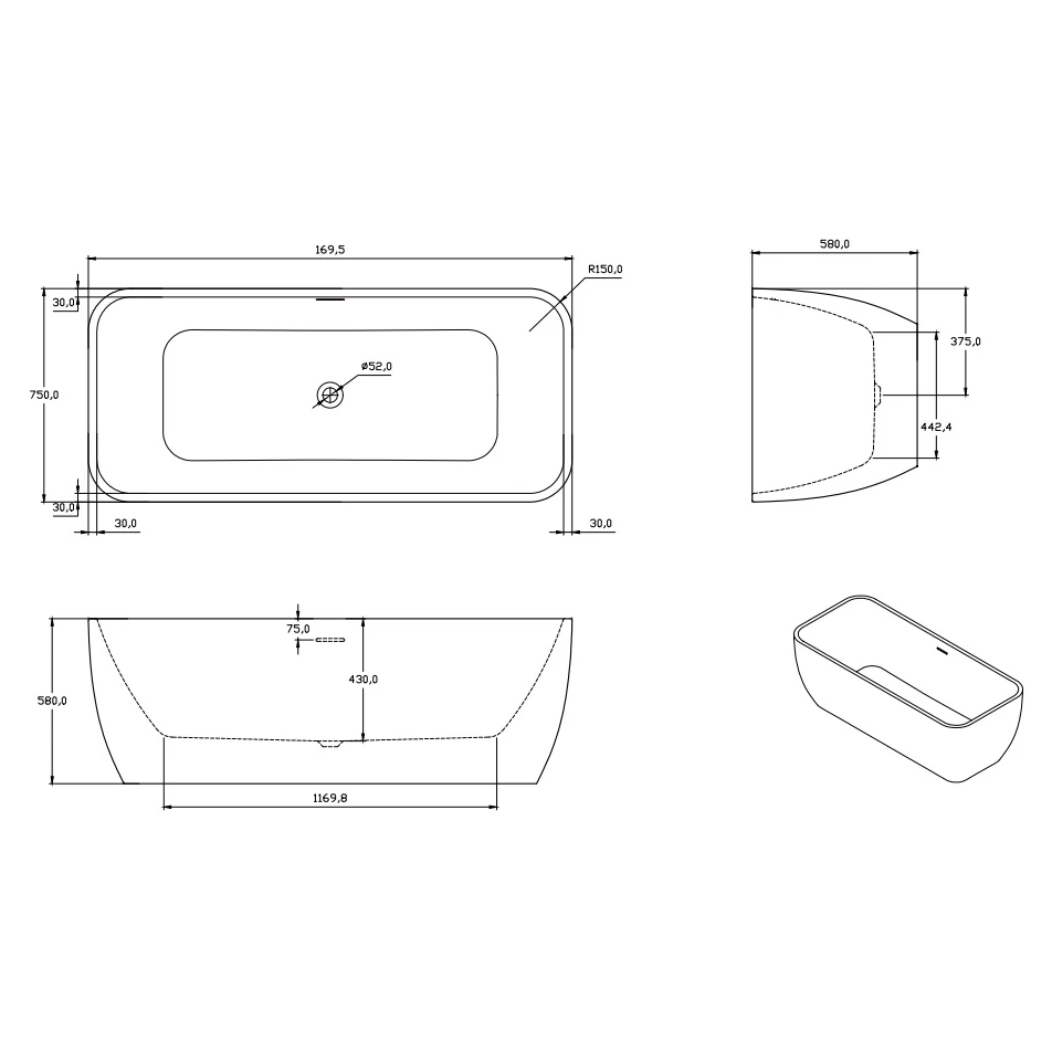Frontline Aqua Eco 1700x750mm Luxury Freestanding Bath 4 Frontline Aqua Eco 1700x750mm Luxury Freestanding Bath - Image 2