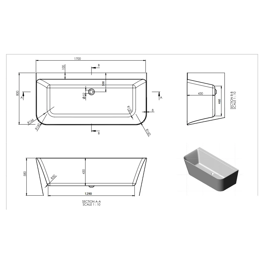 Frontline Aqua Mono 1700x800mm Luxury Freestanding Back To Wall Bath 4 Frontline Aqua Mono 1700x800mm Luxury Freestanding Back To Wall Bath - Image 2