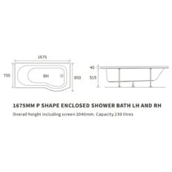 Iona P-Shape Supercast 1675mm 0TH Shower Bath RH -Home Furnishings iona dibsh016c 4