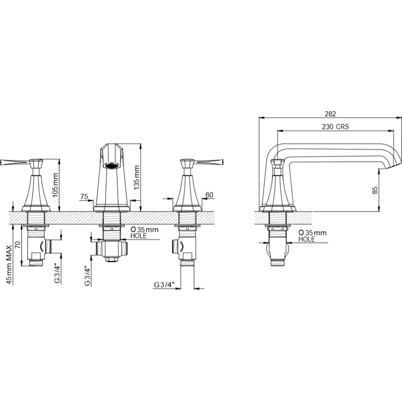 Perrin & Rowe Deco 3 Hole Bath Filler, Lever 4 Perrin & Rowe Deco 3 Hole Bath Filler, Lever - Image 2