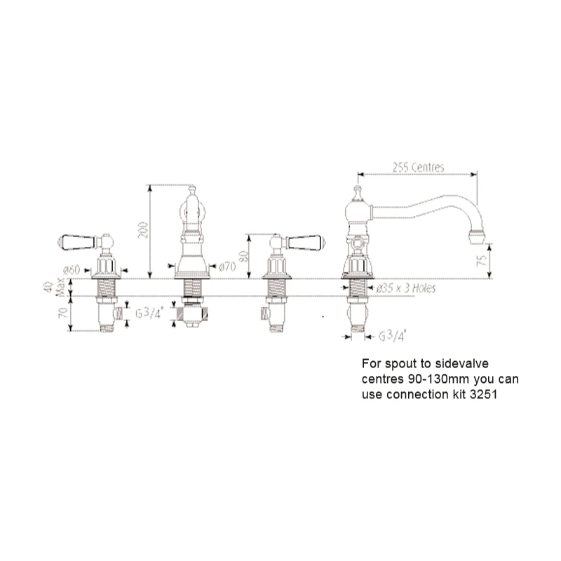 Perrin & Rowe 3 Hole Lever Bath Mixer Country Spout Nickel 4 Perrin & Rowe 3 Hole Lever Bath Mixer Country Spout Nickel - Image 2