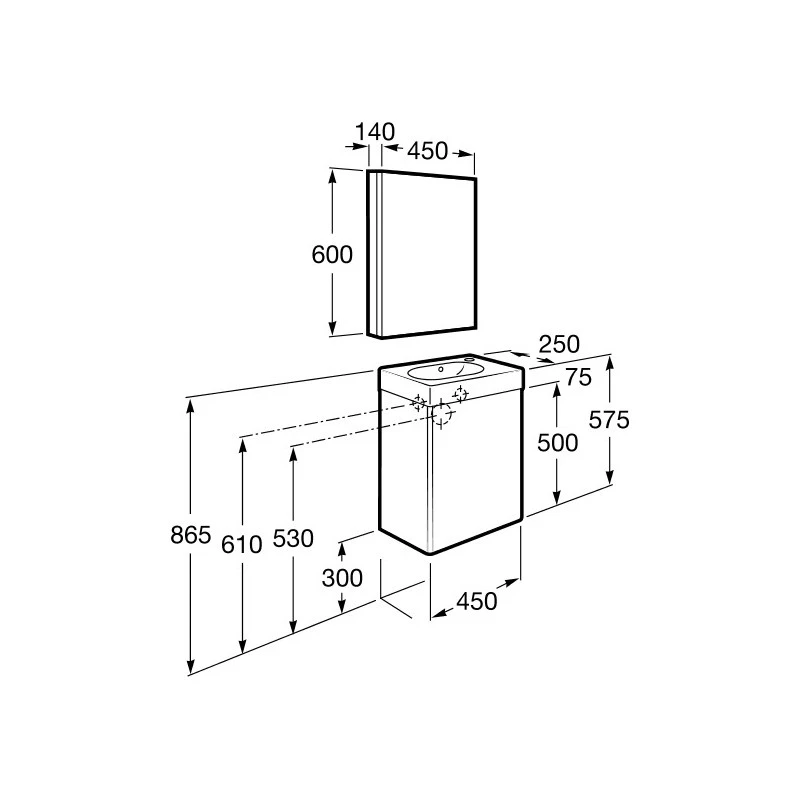 Roca Mini Pack Basin & Base Unit 450mm & Mirrored Cabinet Oak 4 Roca Mini Pack Basin & Base Unit 450mm & Mirrored Cabinet Oak - Image 2